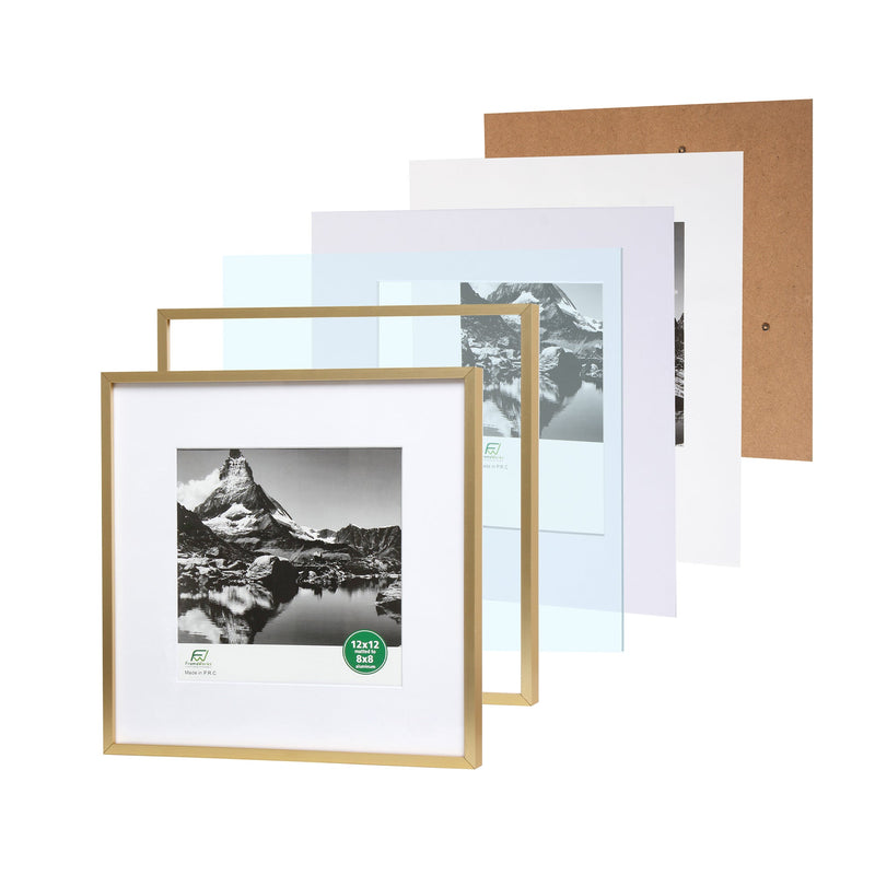 12" x 12" Deluxe Brass Gold Aluminum Contemporary Picture Frame, 8" x 8" Matted