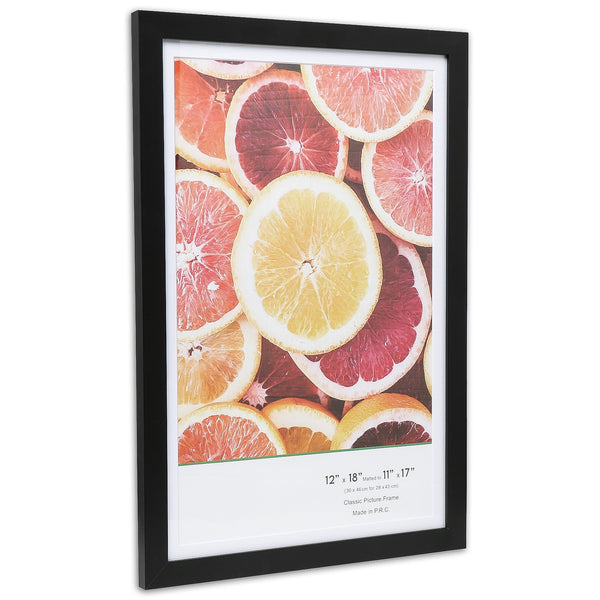 12" x 18” Classic Black MDF Wood Picture Frame with Tempered Glass, 11" x 17" Matted