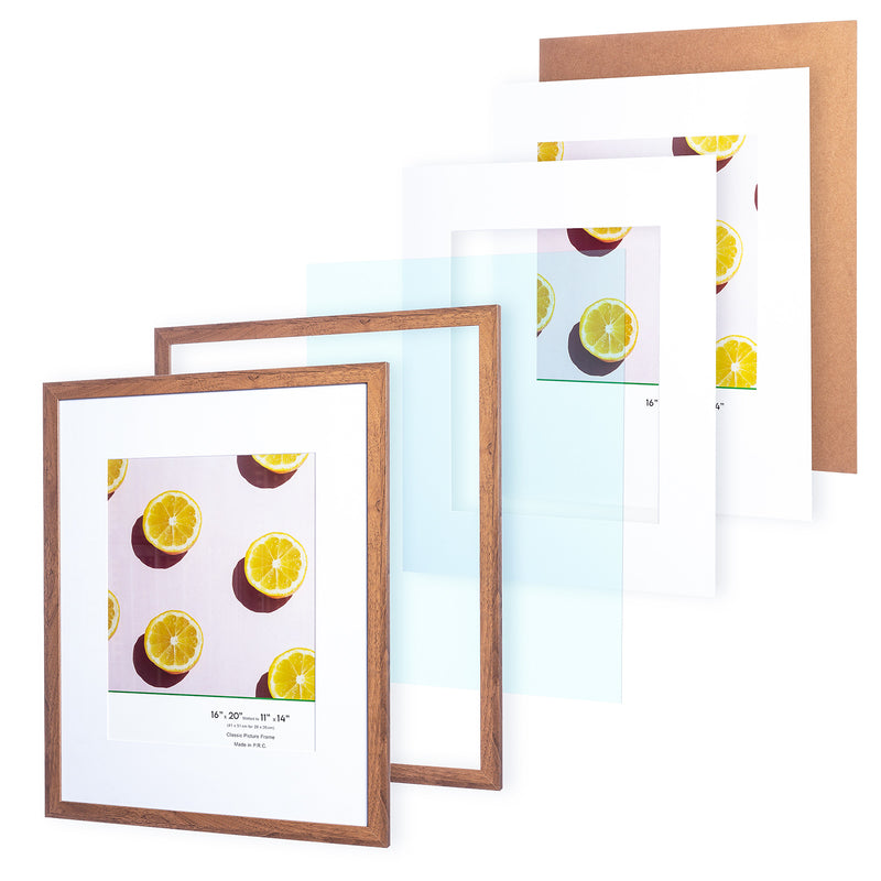 16" x 20” Classic Dark Oak MDF Wood Picture Frame with Tempered Glass, 11" x 14" Matted