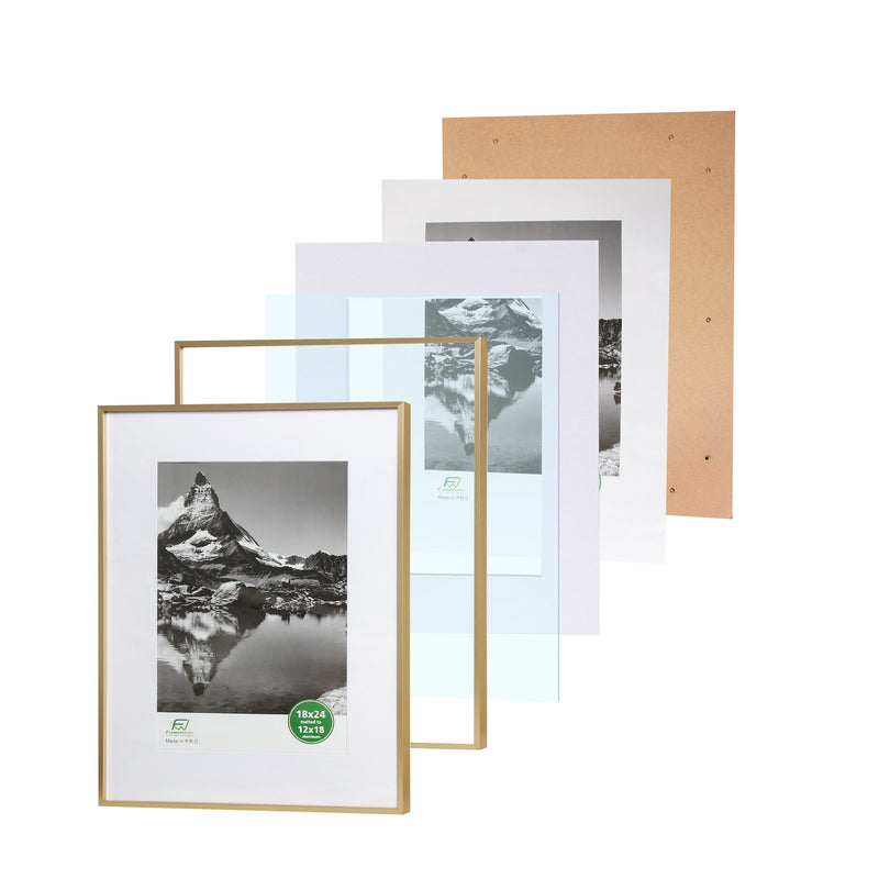 18" x 24" Deluxe Brass Gold Aluminum Contemporary Picture Frame, 12" x 18" Matted