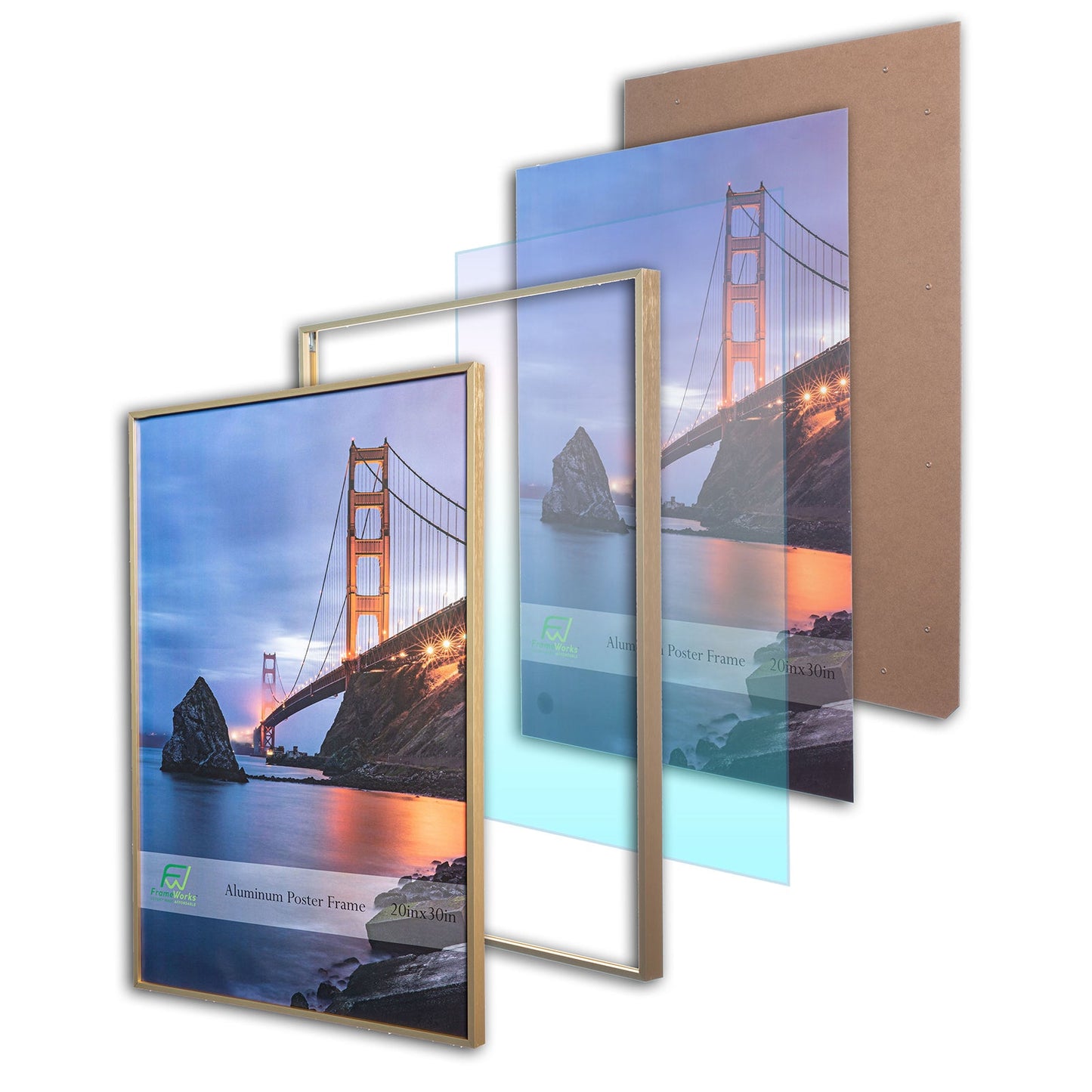 20" x 30" Gold Brushed Aluminum Poster Picture Frame with Plexiglass