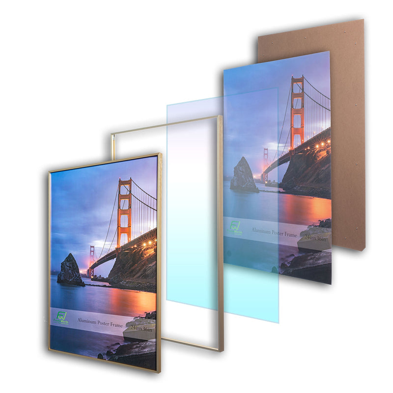 24" x 36" Gold Brushed Aluminum Poster Picture Frame with Plexiglass
