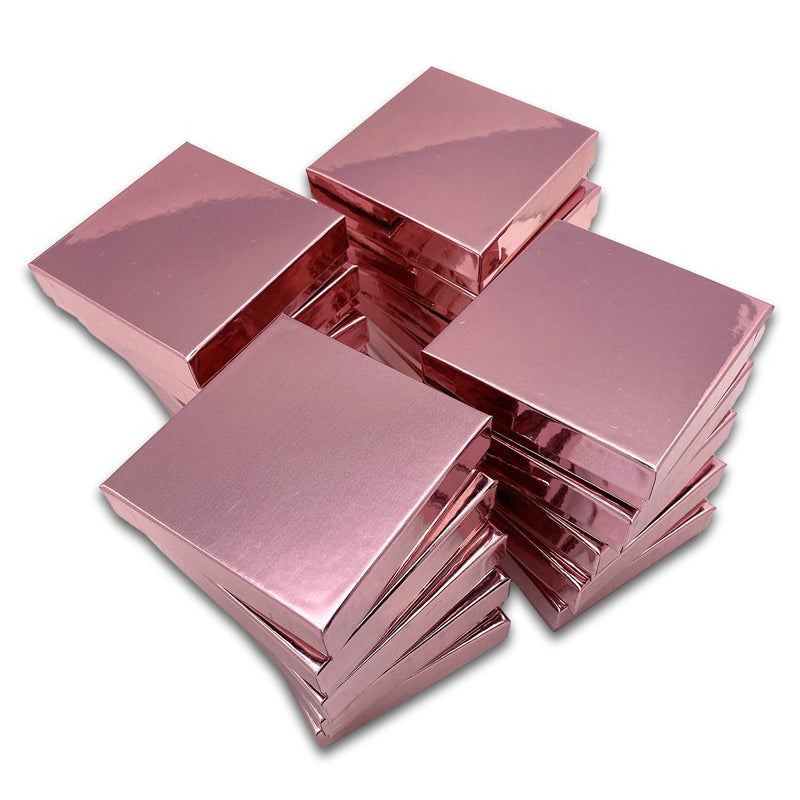 3 1/2" x 3 1/2" x 1" Metallic Rose Gold Cotton Filled Paper Box