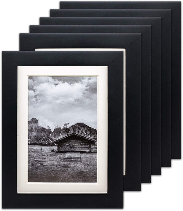 5" x 7" Black Pine Wood 6 Pack Picture Frames, 4" x 6" Matted