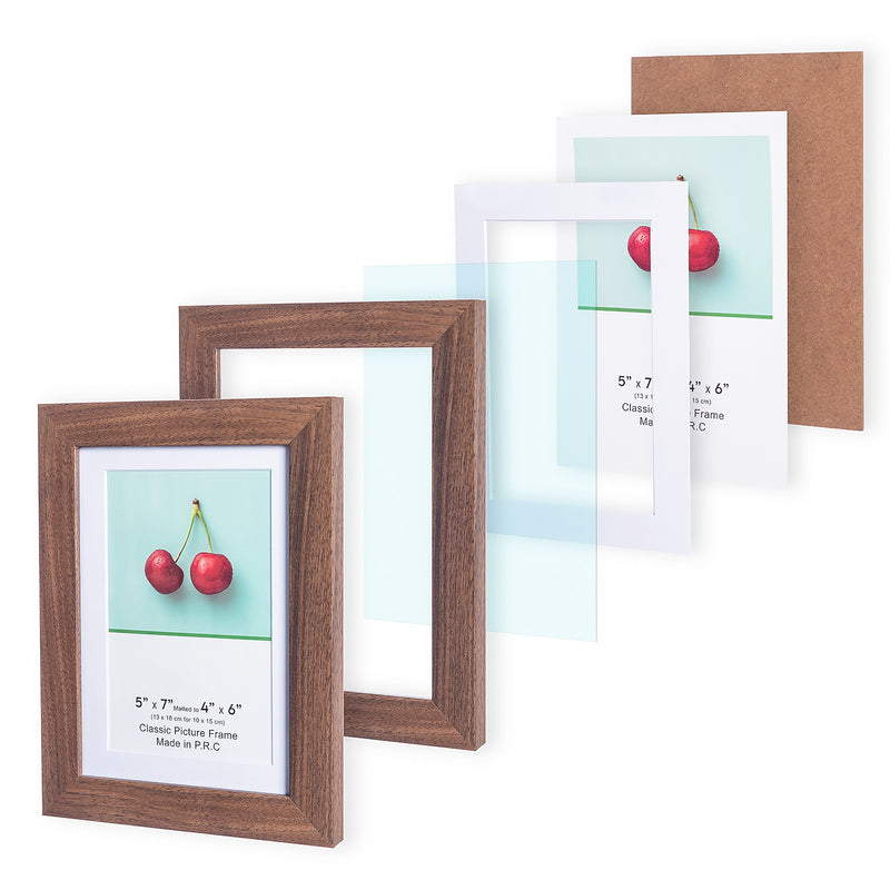 5" x 7" Classic Dark Oak MDF Wood Picture Frame with Tempered Glass, 4" x 6" Matted