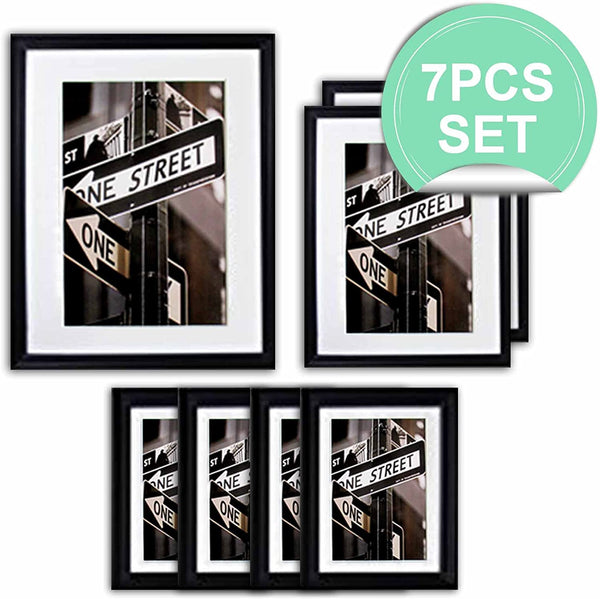 7 Piece Black Solid Pine Wood Tempered Glass Multi-Size Picture Frame Set