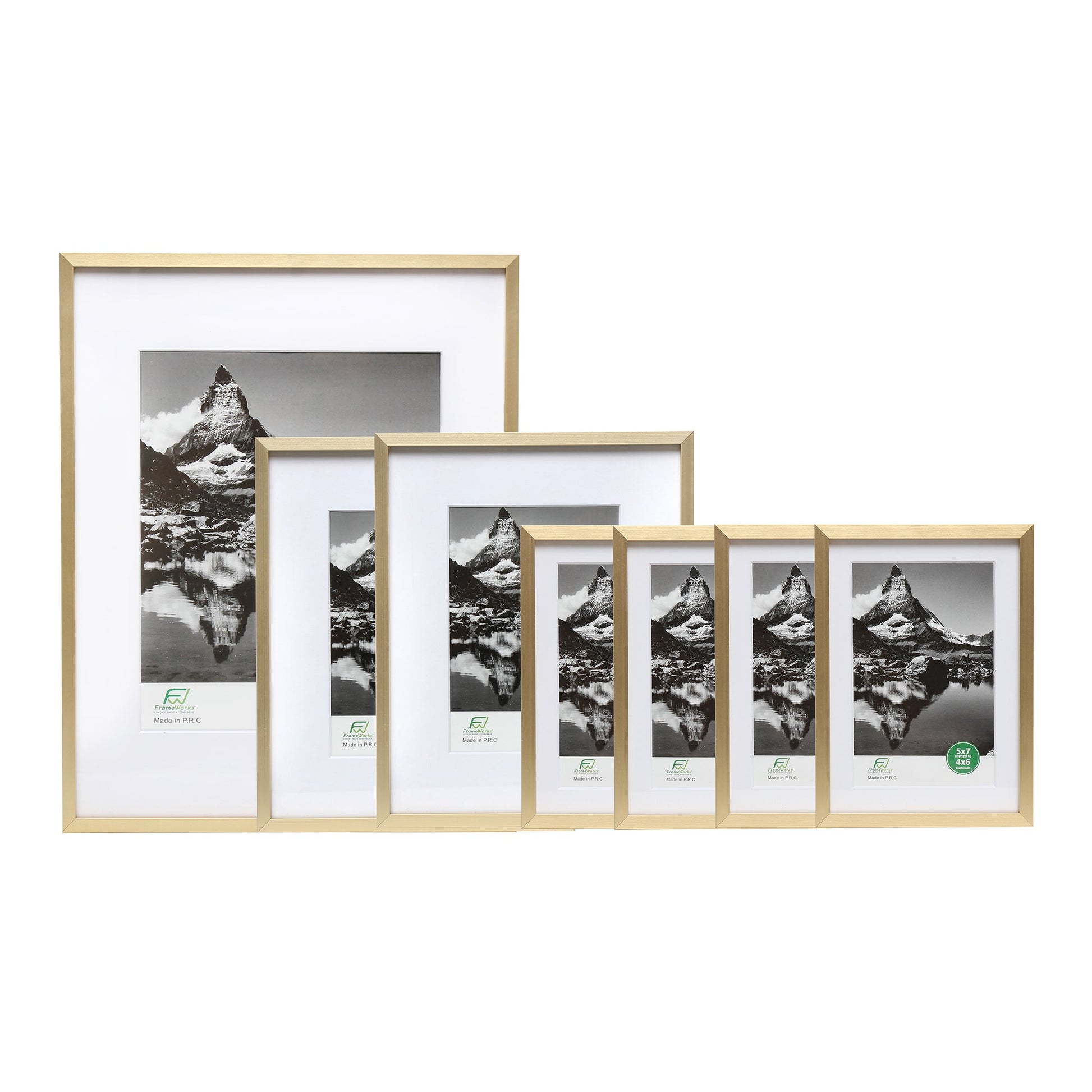 7 Piece Deluxe Brass Gold Aluminum Contemporary Picture Frame Set with Tempered Glass