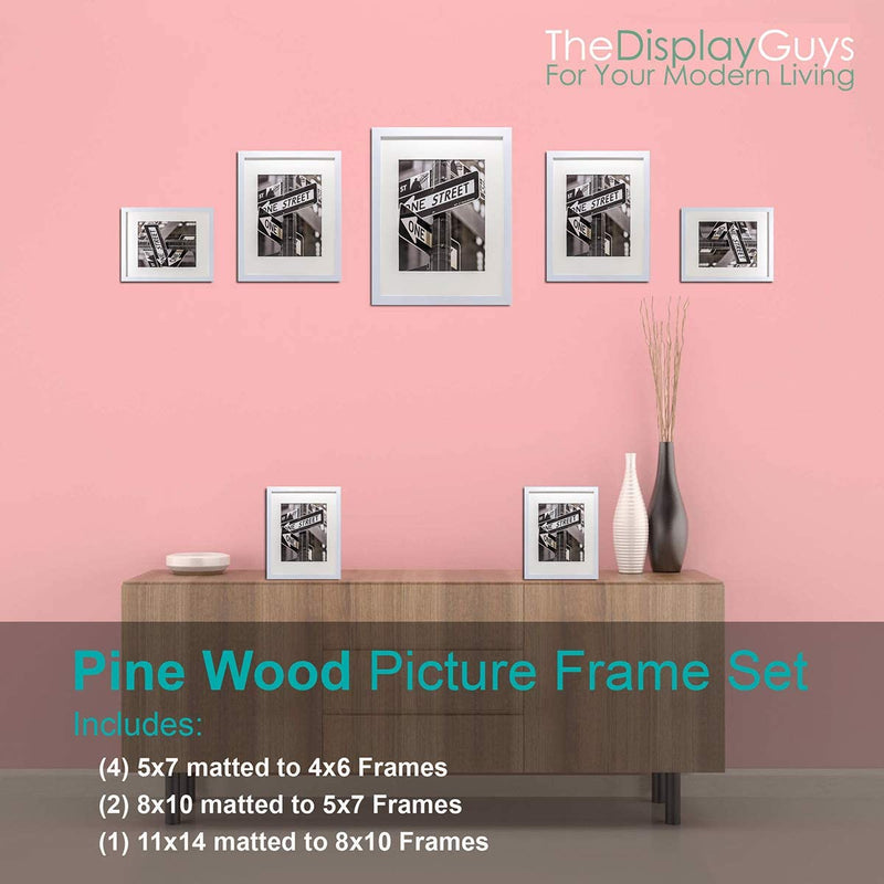 7 Piece White Solid Pine Wood Tempered Glass Multi-Size Picture Frame Set