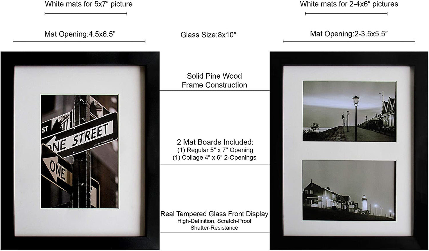 8" x 10" Black Solid Pine Wood Picture Frame with Tempered Glass, 5" x 7" Matted