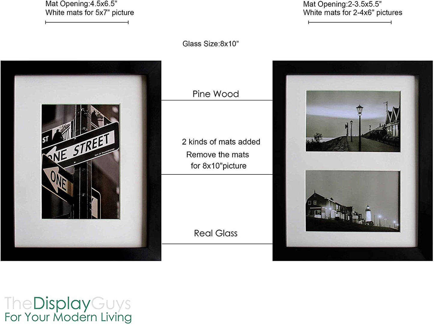 8" x 10" Black Solid Pine Wood Picture Frame with Tempered Glass, 5" x 7" Matted