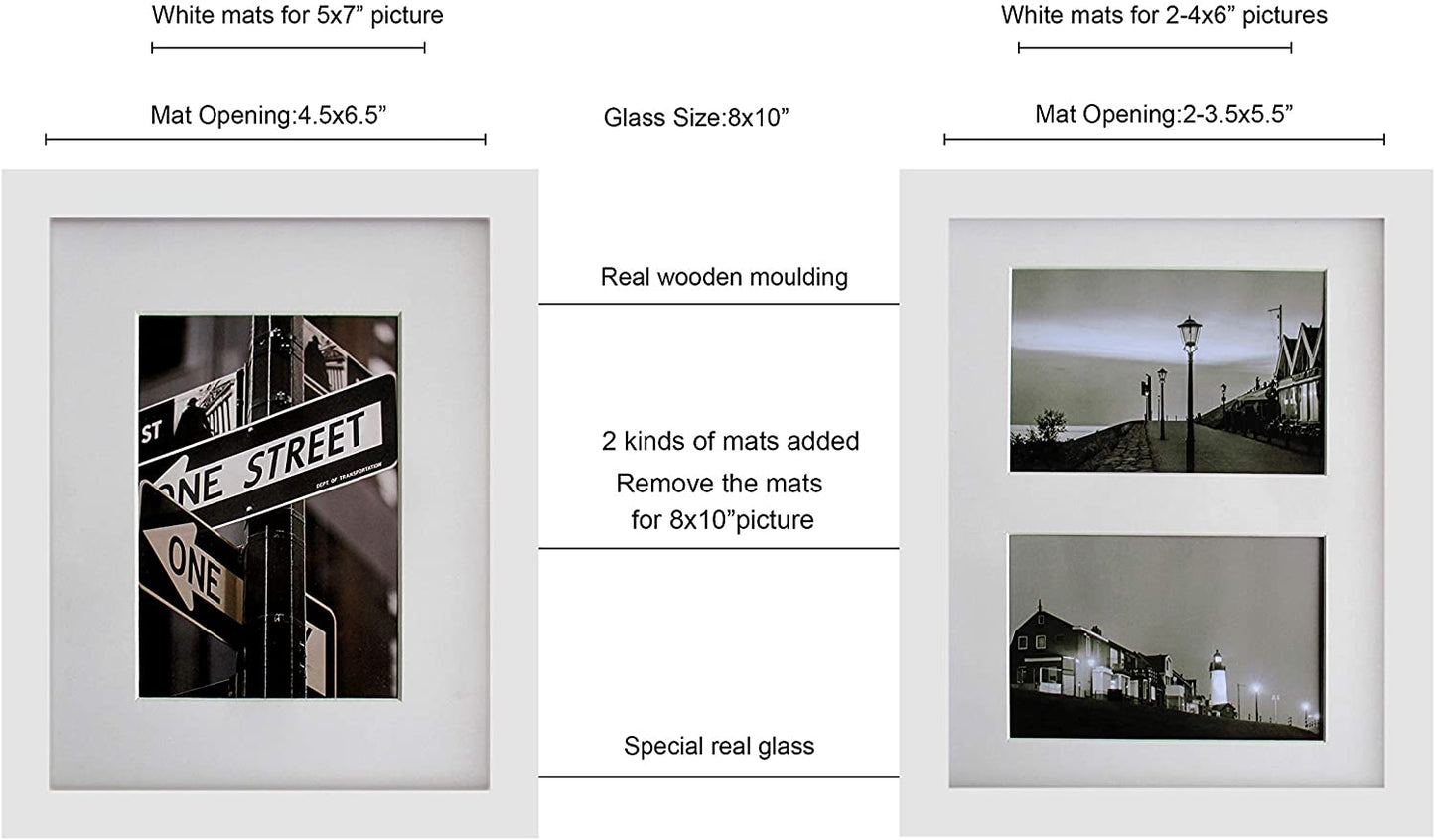 8" x 10" White Solid Pine Wood Picture Frame with Tempered Glass, 5" x 7" Matted