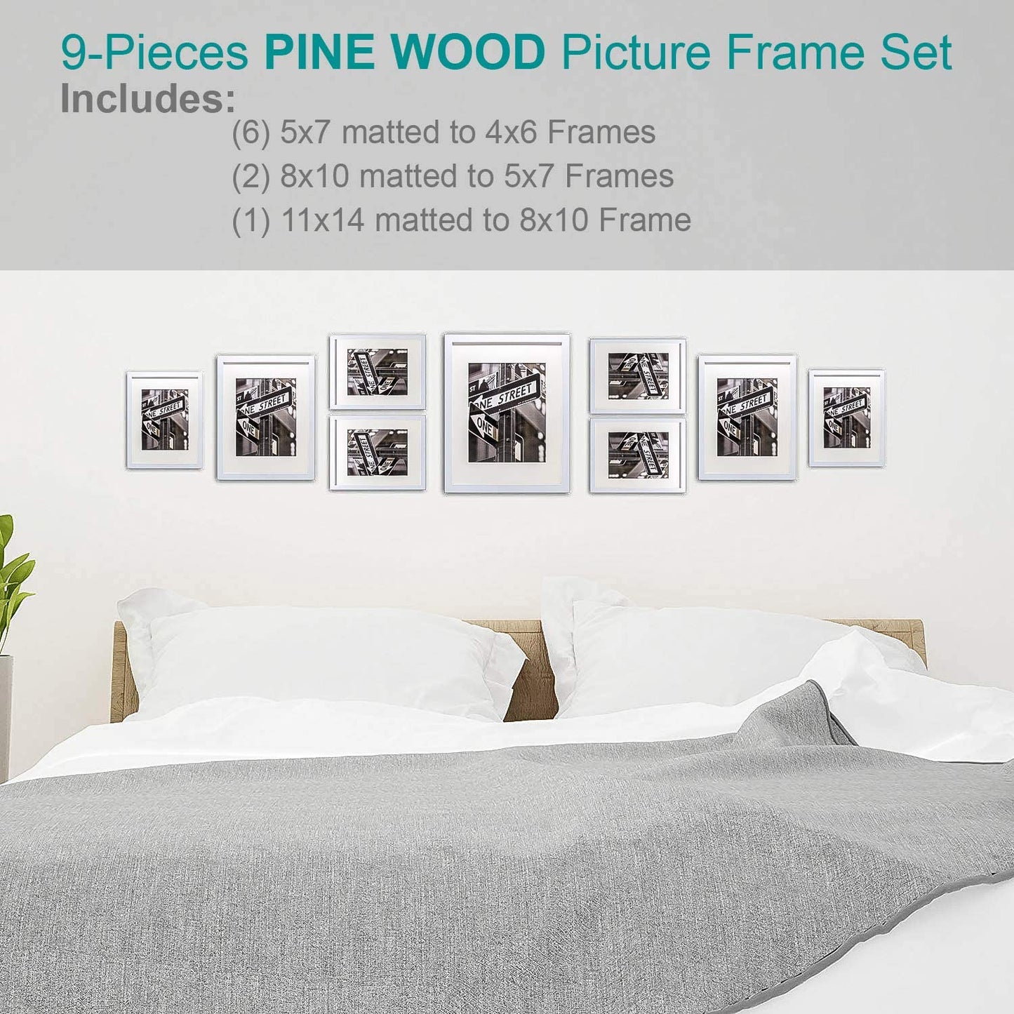 9 Piece White Solid Pine Wood Tempered Glass Multi-Size Picture Frame Set