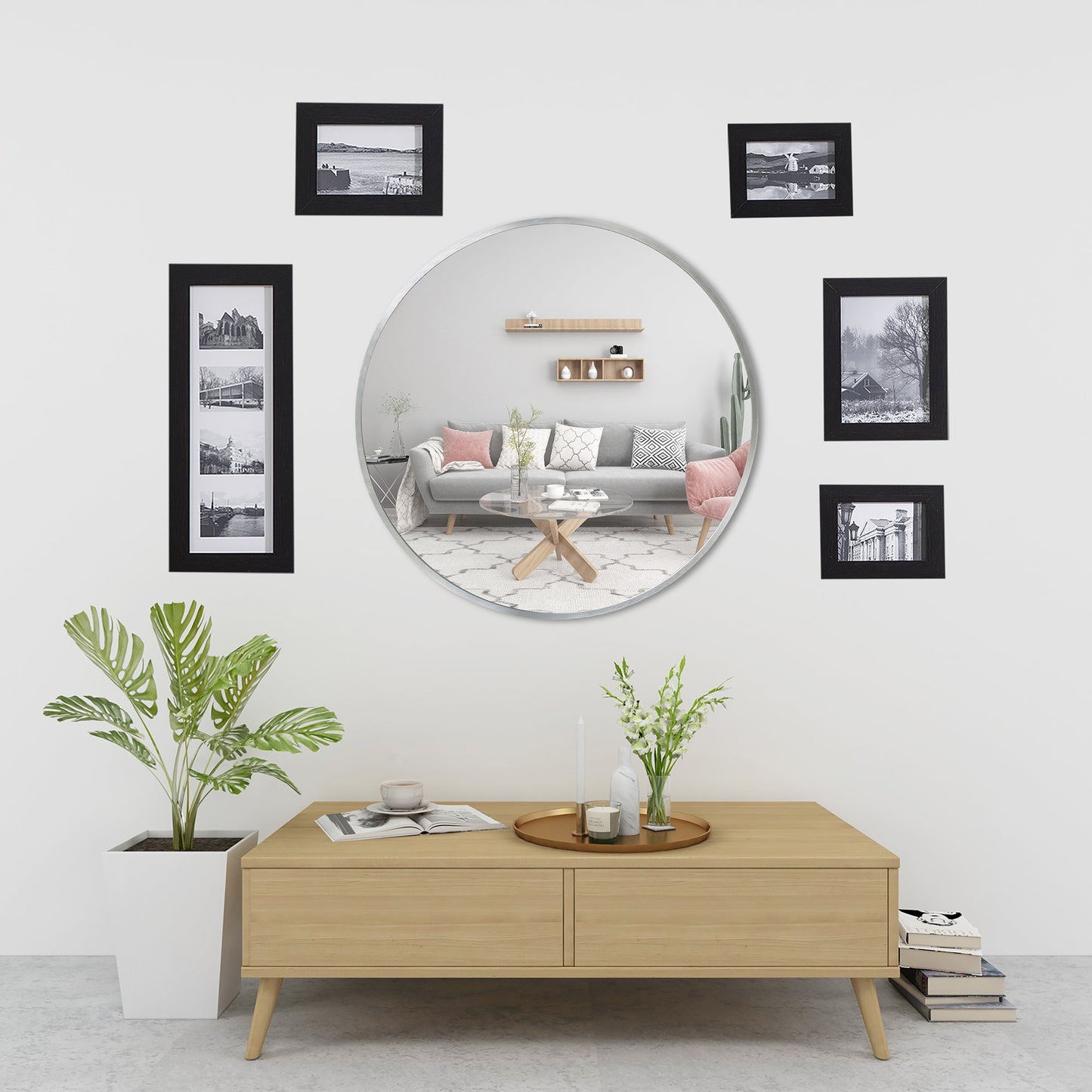 Deluxe Contemporary Silver Round Aluminum Mirror