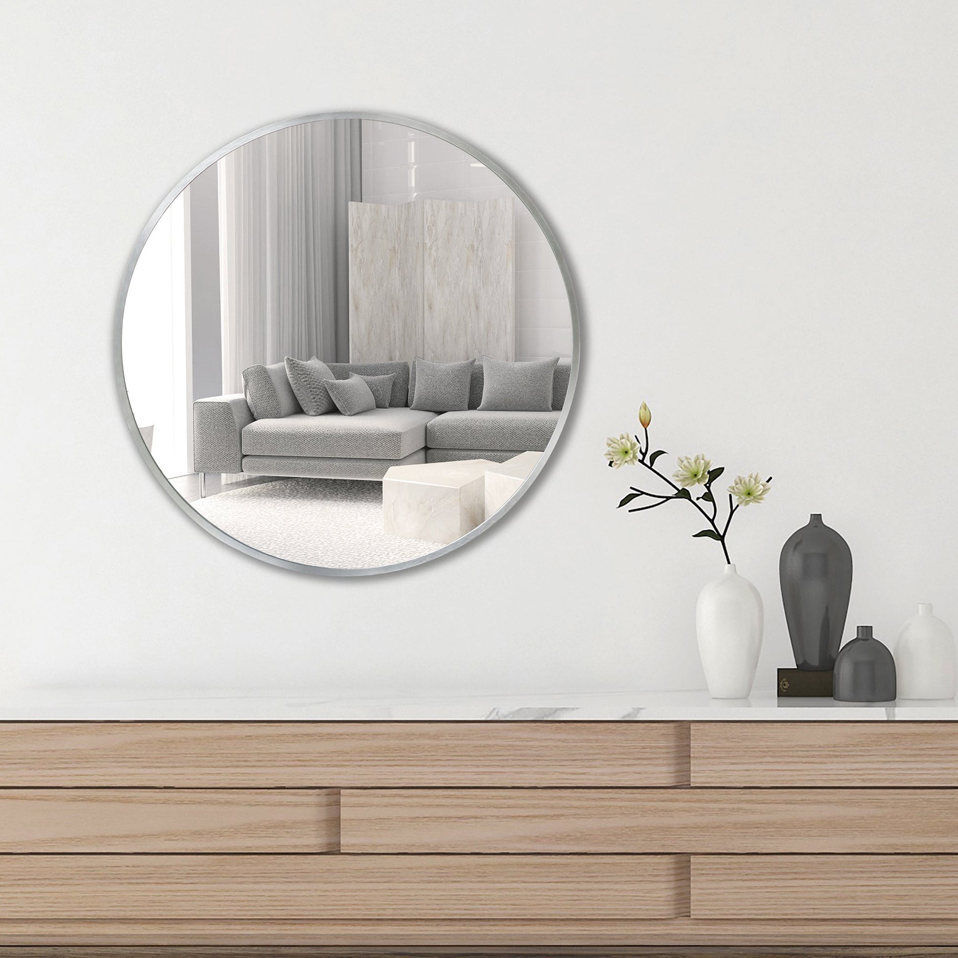 Deluxe Contemporary Silver Round Aluminum Mirror